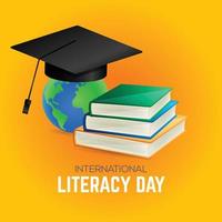 journée internationale de l'alphabétisation avec livres, globe, encre, stylo isolé sur fond jaune vecteur