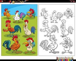 dessin animé coqs oiseaux ferme animaux personnages coloriage vecteur