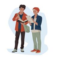 étudiants, écoliers, adolescents. le gars avec la tablette. étudiant avec un livre. retour à l'école. image vectorielle. vecteur