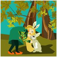 jolie fille habillée de style boho de dessin animé en bandeau avec des oreilles de lapin dans la forêt d'érables embrassant un petit lapin ou un lapin sur son front. illustration vectorielle pour livre pour enfants, conte de fées vecteur