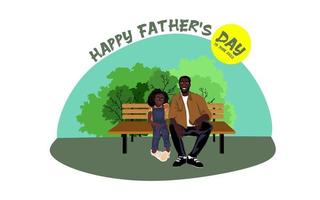 une famille afro-américaine heureuse est assise sur un banc de parc par temps ensoleillé conception vectorielle conceptuelle de la fête des pères heureux. père est assis sur un banc avec ses enfants vecteur
