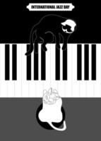 affiche vectorielle de style espace négatif de la musique de la journée internationale du jazz pour le festival de jazz ou la soirée rétro blues de nuit avec vue d'en haut sur les touches du piano. chat se trouve sur le couvercle du piano. vecteur