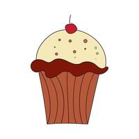 cupcake au chocolat avec cerise sur fond blanc. image vectorielle isolée dans un style doodle pour la conception de menus vecteur