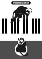 affiche vectorielle de style espace négatif de la musique de la journée internationale du jazz pour le festival de jazz ou la soirée rétro blues de nuit avec vue d'en haut sur les touches du piano. chat se trouve sur le couvercle du piano. vecteur