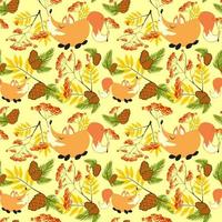 motif de forêt d'automne avec des renards mignons, des branches et des cônes de pin, des fruits et des feuilles de rowan. modèle sans couture pour le tissu, le papier et d'autres projets d'impression et web. vecteur