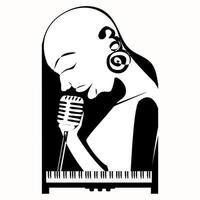 chanteuse de jazz de femmes chauves noires sur fond de piano à queue silhouette illustration en noir et blanc vecteur