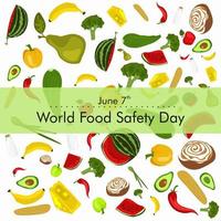 journée mondiale de la sécurité alimentaire le 7 juin bannière, affiche ou carte vector clipart design. le concept d'une alimentation saine, d'un mode de vie sain. produits naturels frais, légumes et fruits, produits laitiers.