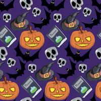 motif d'halloween sans couture avec citrouille, chapeau de sorcière, chauves-souris, vieux livres et crânes. vecteur