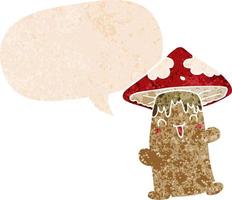 personnage de champignon de dessin animé et bulle de dialogue dans un style texturé rétro vecteur
