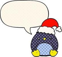 pingouin de dessin animé mignon portant un chapeau de noël et une bulle de dialogue dans le style de la bande dessinée vecteur