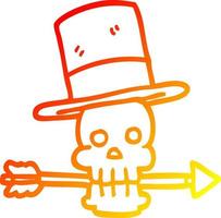 ligne de gradient chaud dessinant un crâne de dessin animé avec un chapeau haut de forme et une flèche vecteur