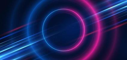 technologie abstraite cercle néon futuriste brillant lignes lumineuses bleues et roses avec effet de flou de mouvement de vitesse sur fond bleu foncé. illustration vectorielle vecteur