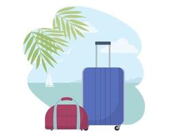 bagages, valise et sac sur le fond de la mer et des feuilles tropicales. la notion de voyage vecteur