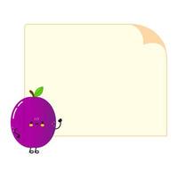 personnage d'affiche de prune drôle mignon. illustration de personnage kawaii de dessin animé dessiné à la main de vecteur. fond blanc isolé. affiche de prune vecteur
