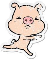 autocollant en détresse d'un cochon ennuyé de dessin animé qui court vecteur