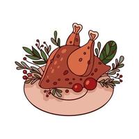 dinde de thanksgiving rôtie sur assiette avec fruits, feuilles et baies. illustration vectorielle colorée pour carte de voeux design le jour de thanksgiving. vecteur