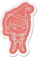 autocollant de dessin animé d'une femme portant un bonnet de noel vecteur