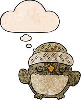 chouette de dessin animé mignon en chapeau et bulle de pensée dans le style de motif de texture grunge vecteur