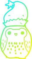 ligne de gradient froid dessinant un hibou de dessin animé mignon portant un chapeau de noel vecteur