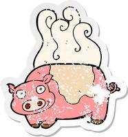 autocollant rétro en détresse d'un cochon de dessin animé vecteur