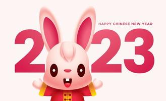 joyeux nouvel an chinois 2023. dessin animé mignon lapin salutation main gros plan avec grand signe de chiffres 2023. année du lapin. vecteur