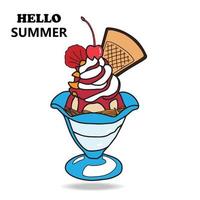 igname aux fraises et garniture de crème fouettée sur un sundae de glace à la vanille. caricature de dessin à la main. illustration vectorielle sur fond blanc vecteur