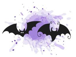 halloween 2022 - 31 octobre. une fête traditionnelle. La charité s'il-vous-plaît. illustration vectorielle dans un style doodle dessiné à la main. ensemble de silhouettes de chauves-souris avec une tache aquarelle violette. vecteur