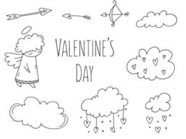 ensemble d'éléments de doodle mignons dessinés à la main sur l'amour. autocollants de message pour les applications. icônes pour la saint valentin, les événements romantiques et le mariage. cupidon avec un arc et une flèche dans les nuages. vecteur