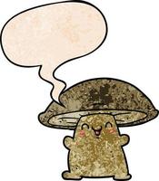 personnage de champignon de dessin animé et bulle de dialogue dans un style de texture rétro vecteur