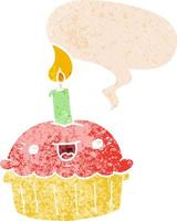 cupcake de dessin animé avec bougie et bulle de dialogue dans un style texturé rétro vecteur