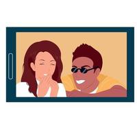 rire homme et femme. utiliser une tablette, un appel vidéo. illustration vectorielle plane couleur. vecteur