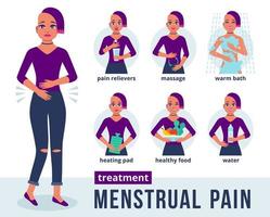 le personnage de la jeune fille tient son estomac et ressent des douleurs menstruelles. infographie du traitement des douleurs menstruelles dans un style plat. méthodes de traitement des douleurs à l'estomac pendant la période menstruelle. illustration vectorielle vecteur