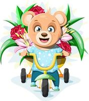 un ours en peluche mignon et joyeux monte un tricycle avec un grand bouquet de fleurs vecteur