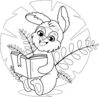 coloriage. dessin animé mignon lapin lisant un livre vecteur