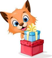 dessin animé joyeux petit renard près des coffrets cadeaux vecteur