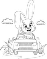 coloriage. un lapin mignon et drôle avec des oeufs de pâques conduit une voiture vecteur