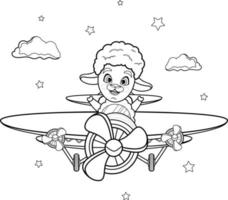 coloriage. dessin animé mignon et drôle de mouton vole dans un avion vecteur