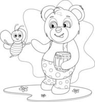 coloriage. adorable ours en peluche avec du miel et une abeille joyeuse vecteur