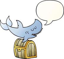 requin de dessin animé nageant sur un coffre au trésor et une bulle de dialogue dans un style de dégradé lisse vecteur