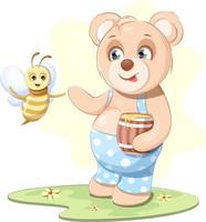 adorable ours en peluche avec du miel et une abeille joyeuse vecteur