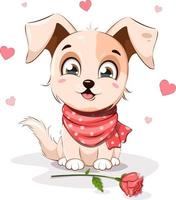 un chiot de dessin animé mignon et joyeux est assis près d'une rose et de coeurs vecteur