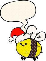 abeille de dessin animé mignon portant un chapeau de noël et une bulle de dialogue dans le style de la bande dessinée vecteur