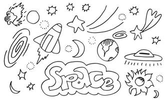 éléments vectoriels de doodle de l'espace. ensemble de dessin à la main d'icône de l'espace sur fond blanc. vecteur