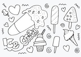 ensembles de crème glacée dessinés à la main comme des cônes de gaufre, des coupes de crème glacée, des sucettes glacées, des coupes glacées. illustration vectorielle de style croquis pour le menu du café, carte d'anniversaire, décoration de carte. vecteur