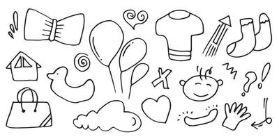 04.epshand éléments de jeu dessinés, noir sur fond blanc. flèches, canards, nuages, t-shirts, ballons, mains, sacs, noeuds papillon, emphase, pour la conception. vecteur