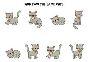 trouvez deux adorables chats gris identiques. jeu éducatif pour les enfants d'âge préscolaire. vecteur
