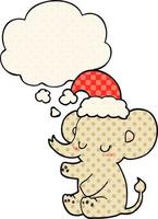 mignon éléphant de noël et bulle de pensée dans le style de la bande dessinée vecteur