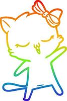 ligne de gradient arc-en-ciel dessinant un chat de dessin animé avec un arc sur la tête vecteur
