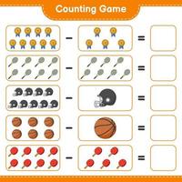 comptez et faites correspondre, comptez le nombre de raquettes de ping-pong, de basket-ball, de trophée, de casque de football, de raquette de tennis et faites correspondre les bons numéros. jeu éducatif pour enfants, feuille de calcul imprimable vecteur