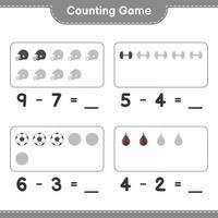 comptez et faites correspondre, comptez le nombre de ballons de football, de casques de football, d'haltères, de sacs de boxe et faites correspondre les bons numéros. jeu éducatif pour enfants, feuille de calcul imprimable, illustration vectorielle vecteur